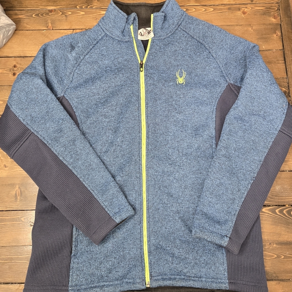 Mens Spyder Blue Heather Fleece Jacket with Yellow Zip Size Xl